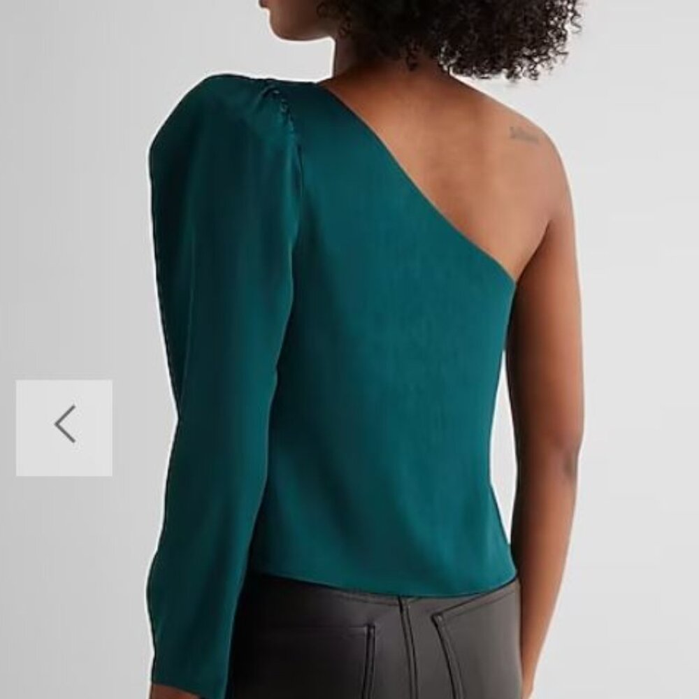 NWT Never Worn Express Deep Teal Satin One Shoulder Puff Sleeve Top